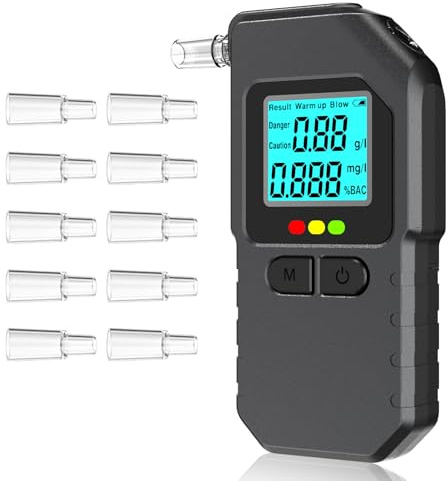 woeaozy Breathalyser - Professional Breathalyzer with 10 Reusable Mouthpieces, Portable Alcohol Tester with LCD Digital Display for Euro Travel & Home Party Use (Black)