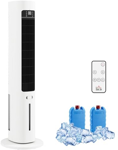 HOMCOM Condizionatore Portatile 3-in-1 con Serbatoio 3 Litri, Oscillazione 48°, 3 Velocità, 3 Modalità, Raffrescatore d'Aria a Torre, 2 Blocchi Refrigeranti, Telecomando, Casa Ufficio, Bianco