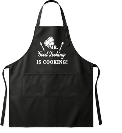 Novocloud Delantales de Cocina Hombre, Ajustable Chef Delantal con Bolsillos Negro Hombre Delantal, Delantal Barbacoa Divertido Profesional para Papá Esposo Abuelo