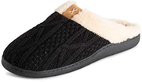 Polar Mens Memory Foam Duel Size Comfort Plush Rubber Sole Outdoor Winter Anti Slip House Cozy Faux Fur Slippers - Black Knitted - UK8-9/EU42-43 - EA0641