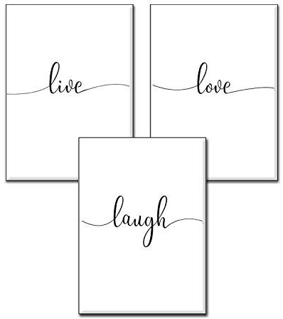 4Good Wandbilder Wohnzimmer als lustige Sprüche, Motivations Bilder fürs Büro oder die Küche, Bild mit Spruch als Schlafzimmer Poster ohne Rahmen (Life-Laugh-Love, A4)