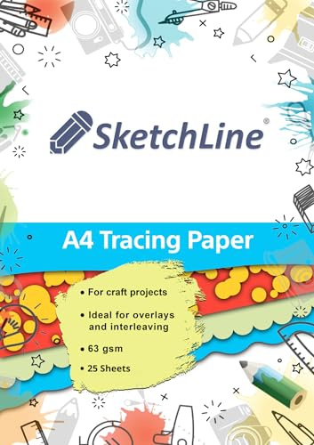 SketchLine Carta da ricalco formato A4, 25 fogli (63 g/m²) ad alta trasparenza e spessore ottimale per disegnare, schizzi e sartoria