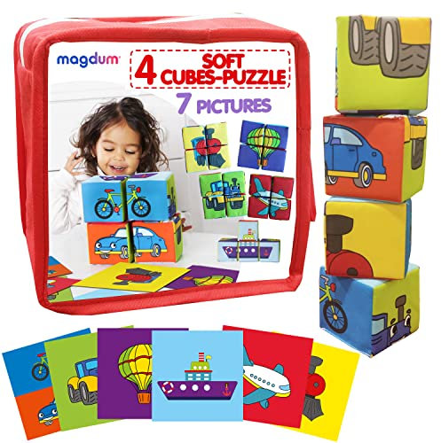 magdum Baby Spielzeug Fahrzeug Würfelpuzzle - 4 Stoffwürfel Baby würfel - Activity Würfel Kinder 6 Monate Spielzeug - Heranbilden Motorikspielzeug - 3D Puzzle Kinder - Babyspielzeug