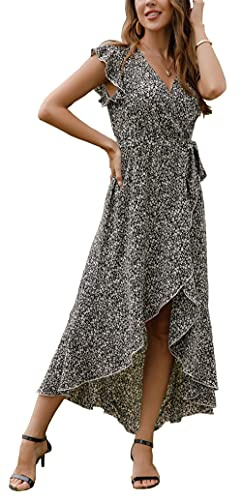 GRECERELLE Womens Summer Maxi Dress Boho Floral Cocktail Polka Dot Wrap Dresses V Neck Casual Party Bohemian Flowy Long Dress for Ladies (Fp Floret Black, XL)