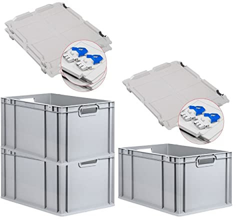 PROREGAL SuperSparSet 3x Eurobox NextGen Grip mit Scharnierdeckel und blauen Schiebeschnappverschlüssen, HxBxT 32x40x60cm, 65 L, Grau, Griffe offen, Eurobehälter, Transportbox