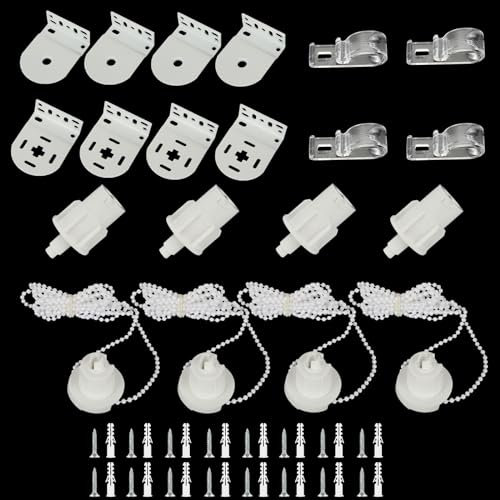 LOLYSIC 4 Set Blind Fittings, 32mm Roller Spares, Metal Brackets With Plastic Beaded Chain, Replacement Repair Kit for Fixing Curtain Blinds Windows