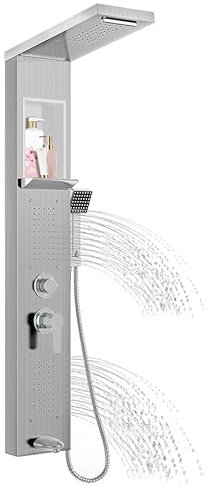 Aufun - Kit di finitura per vasca e doccia in acciaio inox con ripiano e rubinetto, 5 funzioni colonna doccia pioggia e nebbia, 4 ugelli massaggianti a larghezza regolabile, doccetta e ingresso a