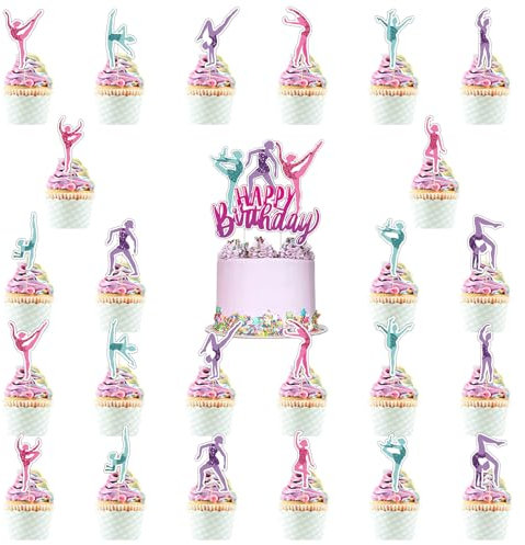 Decoration Gateau Gymnastique, 25 Pièces Paillettes Fille Gymnastique Cupcake Toppers, Gymnaste Cake Décorations, pour Thème Gymnastique Fête Anniversaires d'enfants Baby Shower