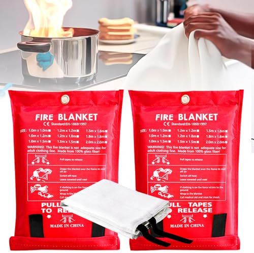 HIULLEN Lot De 2 Couvertures Anti-Feu De Cuisine,100X100cm Couverture Anti-Feu CertifiéE Din en 1869:1997,Couverture Anti Feu en Tissu Fibre De Verre pour Feux Graisse Camping Barbecue Caravane éCole