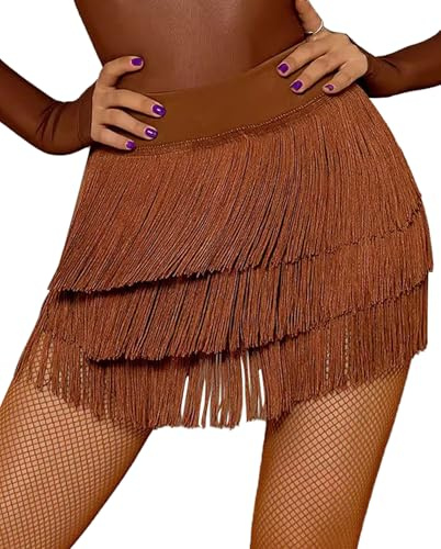 SEAUR Gonna da ballo latino per donna - Gonna portafoglio con frange irregolari - Gonna da sala da ballo - Gonna da rumba con pompon - Taglie S, M, L, XL, marrone, S