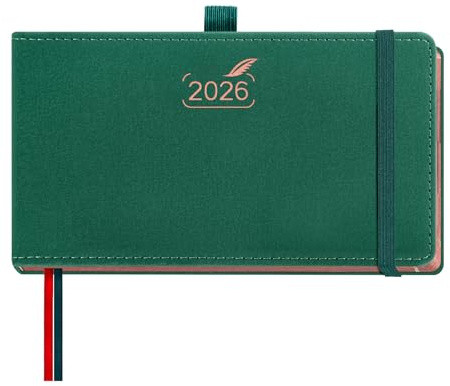 BEZEND Agenda 2026 Settimanale Tascabile 9,4 x 16,7 cm - 1 Settimana 2 Pagine da Gen a Dic 2026, Piccola Formato Orizzontale con Vista Verticale, Bordo in Oro Rosa, Portapenne - Verde Foresta
