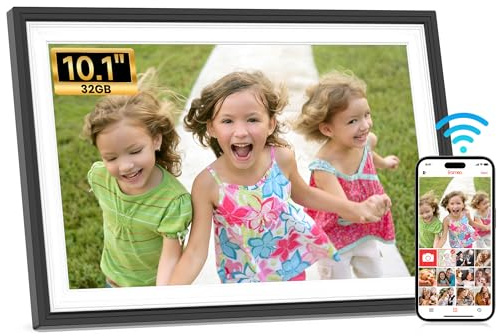 Frameo WiFi Digital Photo Frame 10.1 Inch Black White - 1280x800 HD IPS Touch Screen Picture Frame Electronic, 32GB Memory, Auto Rotate, Wall Mountable, PictureFrame for Sharing Photos and Videos