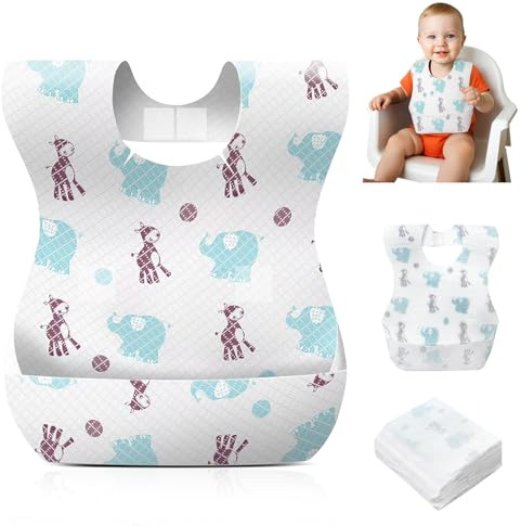 Bavaglini Usa e Getta 30 Pezzi con Tasca Raccolta Cibo Regolabile, Bavaglino Impermeabile e Traspirante per Viaggio e Esterno, Protezione Vestiti Superleggera per Bambini