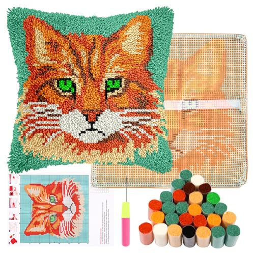 GUIJZSLTRG DIY Latch Hook Pillow Kit for Kids Adults, 17inch Pillow Materials Package, Handmade Embroidery Kits, Cross Stitch Sofa Cushion Cover with Crochet Yarn for Beginners and Home Decor(Cat)