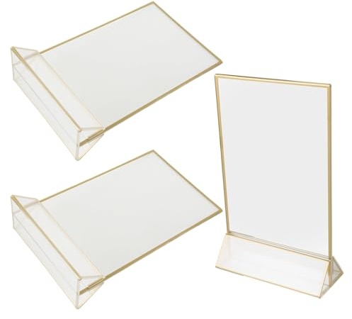 ZUNOXAZ 3 pièces Présentoir de Table Acrylique Transparent T Forme Double Face Bord Doré Lot de Support Menu Rigide Stable pour Comptoir Restaurant Bureau