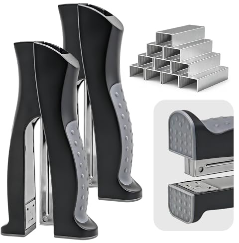 2-Pack Stand-Up Stapler with 2000 Standard 1/4 Staples, Handheld Ergonomic Soft Grip 2-in-1 Vertical & Flat-Use Desktop Full Strip Stapler for Office, School, Business & Classroom Supplies – Black