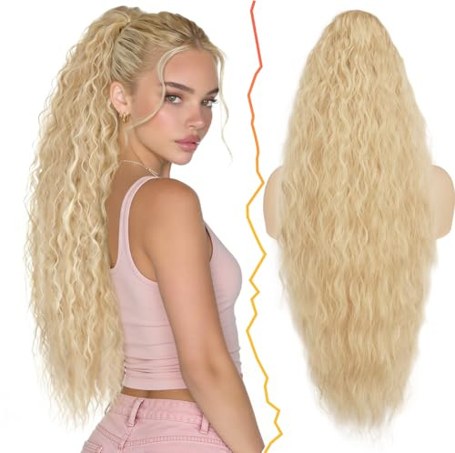 BARSDAR Lunga Coda di Cavallo Extension con Coulisse, 76cm Ondulati Ricci Sintetici Pettine Clip in Coda Cavallo Posticci per Donne Naturale Beige Biondo Ponytail Estensione Capelli