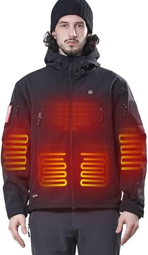 DEWBU Heated Jacket for Men with 12V Battery Pack Winter Outdoor Soft Shell Electric Heating Coat, Men's Black, L