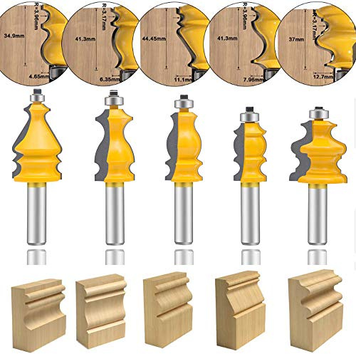 LEATBUY 1/2-Inch Shank Architectural Molding Router Bit Set 5 PCS, Corner Rounding Edge-Forming Roundover Beading Router Bit Set, Woodworking Milling Cutter Tools, Carbide Cutter CNC Router (5)