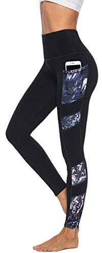 JOYSPELS Women's High Waisted Gym Leggings - Workout Running Sports Black Printed Leggings Yoga Pants Womens with Pockets - Black - XXL