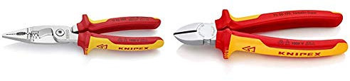 KNIPEX 13 86 200 Elektro-Installationszange verchromt isoliert mit Mehrkomponenten-Hüllen, VDE-geprüft 200mm & 70 06 180 Seitenschneider verchromt isoliert, VDE-geprüft 180mm