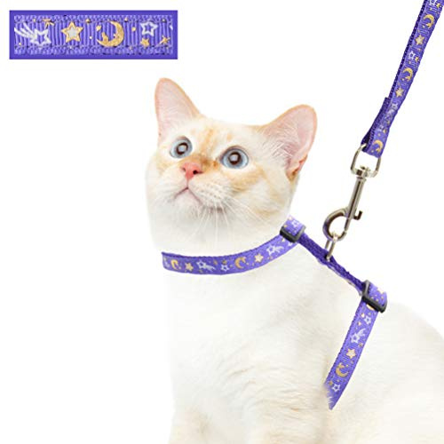 Cat Harness and Leash Set for Outdoor Walking Escape Proof Adjustable Soft Safety Strap with Golden Star and Moon Design Glow in The Dark Purple Large