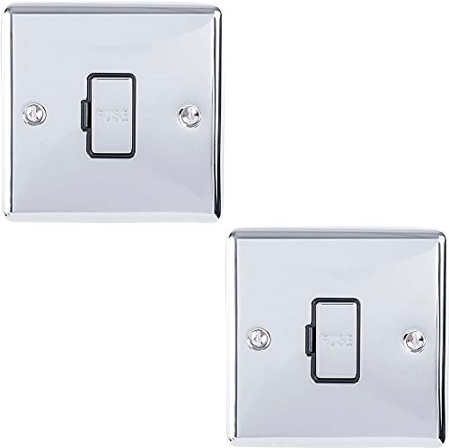 2 PACK | 13A DP Unswitched Fuse Spur -CHROME & Black Trim- 240V Mains Isolation - Decorative Kitchen/Interior Wall Face Plate – Oven/Cooker/Hob Appliance On/Off Switch