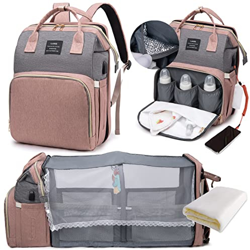 LEcylankEr Sac a Langer Bebe avec lit Bébé - Grand Sac à Dos à Langer avec Matelas à Langer et Sac Isolant, Moustiquaire et Port de Chargement USB (Gris rose)