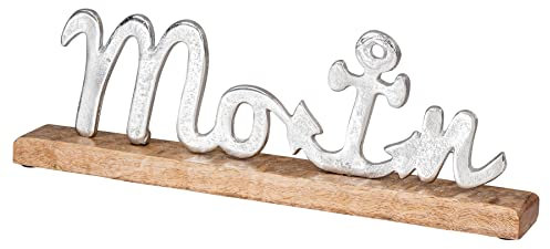 levandeo Aufsteller Moin L40cm Metall Silber Mango Holz Maritime Deko Schriftzug Tischdeko Wohndekoration Anker Norddeutsch Geschenk