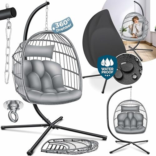 KESSER® Hängesessel Jungle mit Gestell Stahl Hängekorb Sessel Großen Kissen + Decken Halterung + Cover Hängeschaukel Hängesitz Indoor - Outdoor Schaukel Hängestuhl für Kinder und Erwachsene, Grau