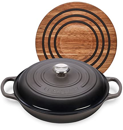 Le Creuset 3 1/2 qt. Signature Cast Iron Braiser Bundle with Magnetic Wooden Trivet - Oyster
