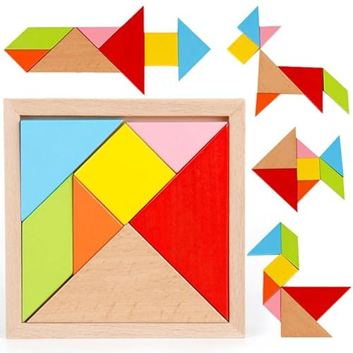 NIWWIN Tangram pussel i massivt trä, pusselspel, byggstensleksaker, resespel, mental träning, IQ-bok med lösningar, pedagogiska leksaker för barn, för 3 4 5 6 år.
