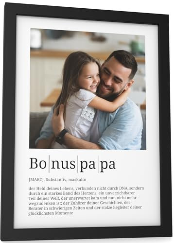 Papierschmiede® Personalisierte Geschenke Bonuspapa, Definition mit Foto in DIN A5 (15x21 cm) Rahmen wählbar fertig gerahmt, Persönliches Bild Geschenk für Stiefvater zum Vatertag, Geburtstag
