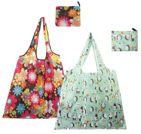 FAVORTALK Shopping Bags Foldable Washable Packaway - 2 Pcs Reusable Eco-Friendly Nylon Groceries Bags Reusable Large Capacity Shopper Tote Folding into Attached Pouch for Household - D27806