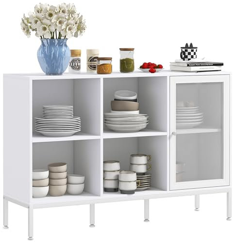HOMCOM Aparador de Cocina Mueble Aparador con Puerta de Malla 4 Compartimentos Abiertos y Estante Ajustable Mueble de Cocina Moderno Bueffet para Salón Comedor 120x37x81,5 cm Blanco