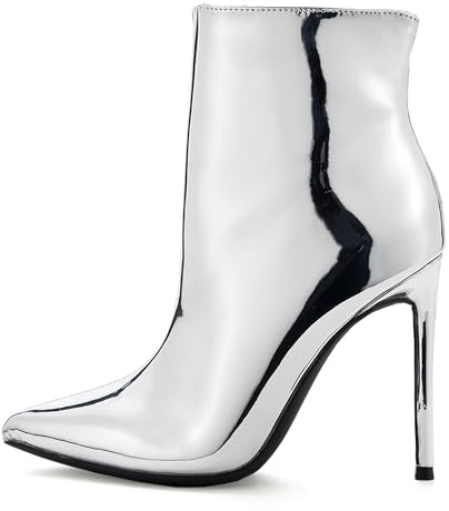 GENSHUO Stivaletti alla caviglia da donna con punta a punta, tacco alto da 11 cm, con cerniera, tacchi a spillo, stivaletti autunnali, Argento, 40 EU