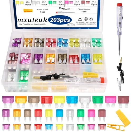 mxuteuk 203 Stück Auto Sicherungen Sortiment Kit, Kfz-Sicherungen Standard/Mini-/Mikro mit Sicherungszieher/Stromkreis-Tester(3A5A7.5A10A15A20A25A30A35A40A) Ersatzsicherungen für Marine,Auto,Boot,LKW