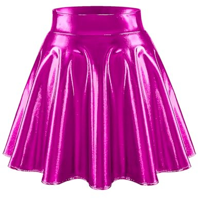 Bridesmay Falda Skater Acampanada para Mujer - Falda Corta Elástica Brillante con Talle Alto para Fiesta, Noche de Discoteca y Baile TJ Fushia M