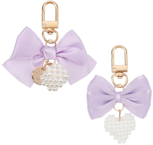 SOFPLATE Porte Clés en Velours Polyester Violet 4 Couleurs Breloque pour Chaussures Nœud Papillon Cube Cœur Alliage de Perles Pendentifs pour Chaussures Clés de Voiture Sacs Sacs à Main Porte Monnaie