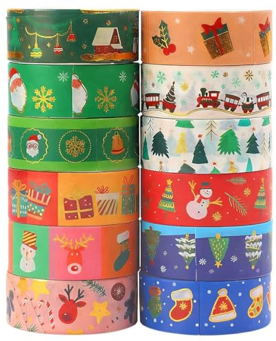 12 Rolls Christmas Washi Tape Set, Self-Adhesive Gold Foil Paper Tapes, Xmas Colorful Decorative Masking Tape for Scrapbook, Journals, DIY Crafts, Gift Wrapping & Holiday Decorations (Colorful)