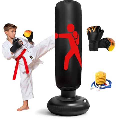 Flintronic Sac de Frappe Enfants avec Gants de Boxe, Punching Ball Gonflable Enfant, 160cm Sac de Boxe Stable, pour Maison Gym Entraînement Taekwondo, Cadeau Parfait pour Garçons & Filles - Noir