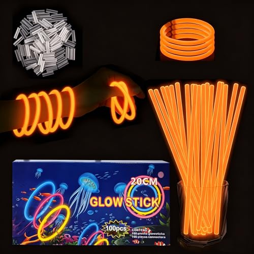 Braccialetti luminosi fluorescenti verde 100 pezzi, colorati bastoni bulk con 100 connettori. Glow sticks bambini adulti per compleanno, feste, Carnevale, Capodanno, Pasqua, Halloween (Arancione)