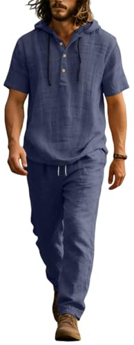 Generico Completo Lino Uomo, Completini Estivi, Eleganti Sportiva Mare Leggera Estate Sauna Tuta Completa, Calcio Felpa Uomo Senza Cappuccio Maniche Corte e Pantaloni, L