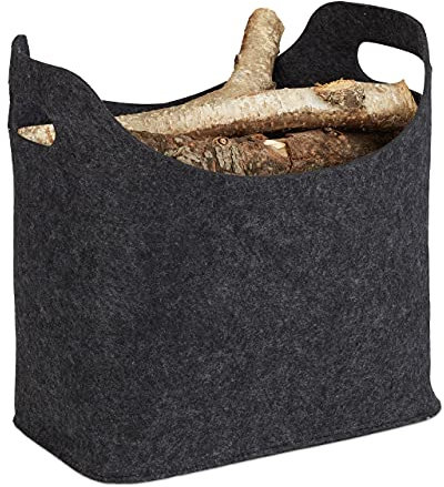Relaxdays Cesto portalegna per camino in feltro, HxLxP: 39,5 x 40 x 23 cm, 2 manici pieghevole, portariviste, antracite