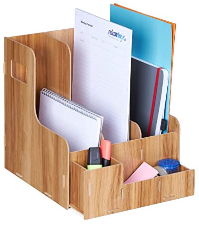 Relaxdays Stehsammler, 3 Schuber, DIN A4, mit Schreibtisch Organizer, Büro & Schule, Zeitschriftensammler, MDF, braun
