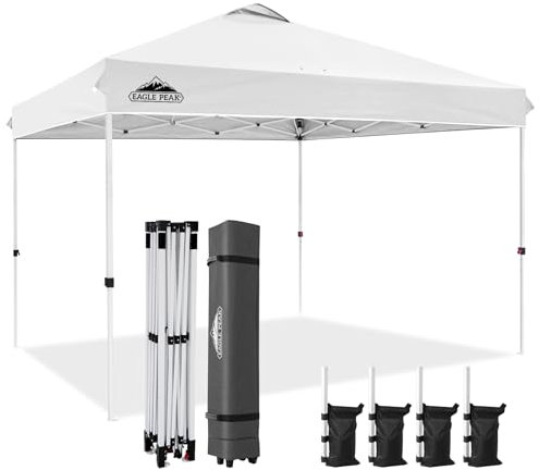 EAGLE PEAK Tonnelle de Jardin Pliable 3.6x3.6m Pop-up Gazebo Tente Pliante Pavillon，avec Sac de Transportable à Roulette pour Camping, Plage, Jardin, Blanc