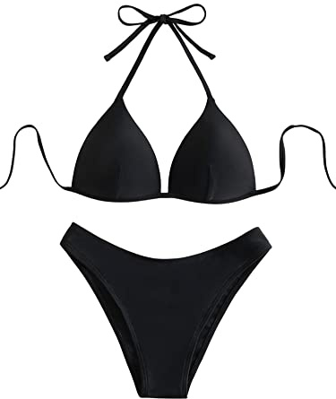 GORGLITTER Damen Push Up Bikini Sets Triangel Bademode Neckholder Badeanzug Zweiteiligwe High Waist Strandmode Sommer Outfit Schwarz L
