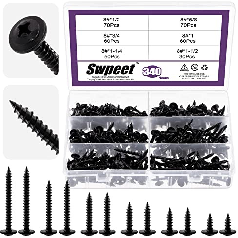 Swpeet 340 st 6 storlekar #8 x 1/2 tum, 5/8 tum, 3/4 tum, 1–1/4 tum, 1–1/2 tum Phillips modifierat Truss Head träskruvar sortiment kit, svart fosfat stål självtappande