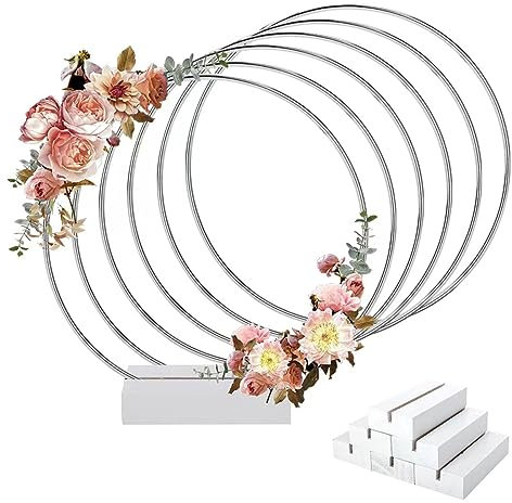 Worown 6 Pezzi Centrotavola a Cerchio Floreale in Metallo con 6 Base in Legno per Tavolo, 25 cm Anelli Ghirlanda Argento per Realizzare Decorazioni per Ghirlande da Tavolo di Nozze