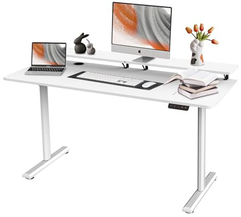 SOSINYA Mesa Escritorio Elevable 140x60 cm, Blanca, Soporte para Monitor Desmontable, Altura Regulable 72–117 cm, Capacidad 60 kg, Panel LED con Memoria, Ideal para Teletrabajo, Gaming y Estudio
